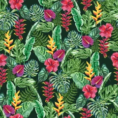 Fotobehang Tropische Bladeren Tropical flowers and palm leaves seamless watercolor pattern. Botanically hand drawn hibiscus, anthurium and heliconia flowers. Endless floral background with exotic leaves for fabric and wallpaper.  © Olga Shulgina