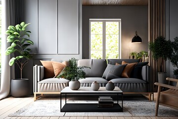 Interior design of modern living room with grey sofa and coffee table - Generative AI