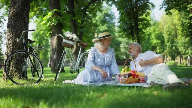 Senior couple having picnic in urban park, having conversation, feeling happy