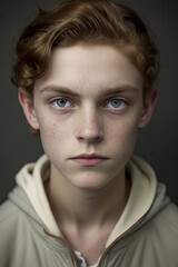 Obraz premium Face portrait of a serious young boy looking to camera.