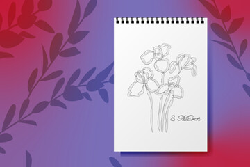 Vector. Realistic notepad with a metal spiral. Paper, a sketch of a bouquet of irises, shadows from the branches. Festive banner, web poster, flyer, stylish brochure, postcard, cover, branding.