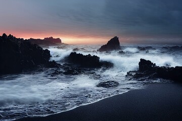 Fototapeta na wymiar Sea night landscape with big waves on a black beach with black rocks. Gloomy seascape. AI. Generative AI