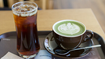 Iced coffee and green tea latte that you can enjoy in a cafe