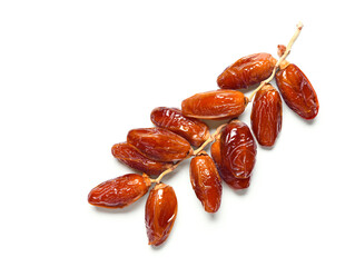 Top view of dried dates fruits with stem isolated on white background. Clipping path.