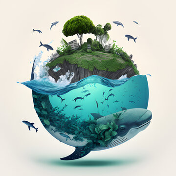 Earth In Water Glass Globe Whale Green