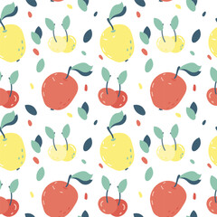 Vector seamless pattern with apples and cherries. Pattern with fruits in flat style.