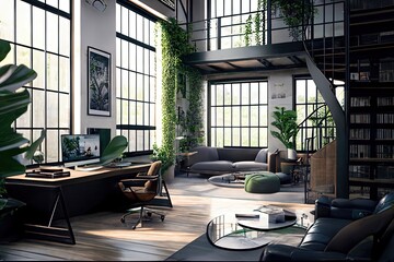 Modern corporate office interior containing green plants tables and chairs, computers and office supplies with no employees - Generative AI