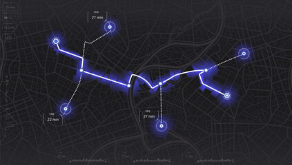 Location tracks dashboard. City street road.city streets and blocks, route distance data, path turns and destination tag or mark. Huge city top view.
