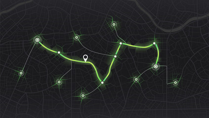 City map navigation. Location tracks dashboard. City street road.city streets and blocks, route distance data, path turns and destination tag or mark. Huge city top view.