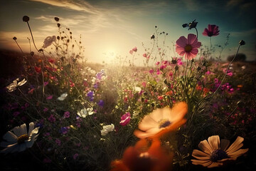 Wildflowers in sunset light. Blooming spring meadow. generative ai.  Field of summer flowers