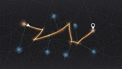 Location tracks dashboard. City street road. City streets and blocks, route distance data, path turns and destination tag or mark. Huge city top view.