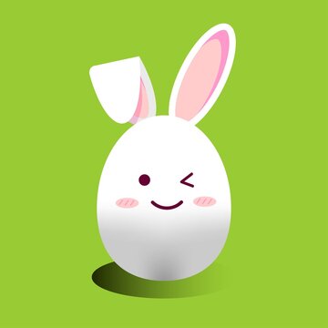 An funny white 3d bunny, rabit illustration with pink ears at light green background