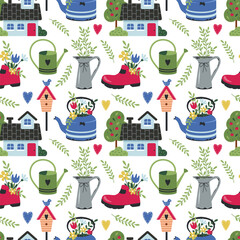 Vector seamless summer pattern with a house in the village with flowers and twice in a flat style. 