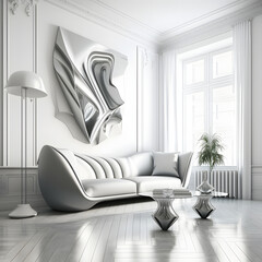 Cozy modern living room interior with silver sofa and decoration room on white wall background, Generative AI
