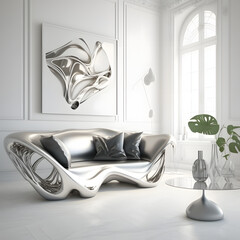 Cozy modern living room interior with silver sofa and decoration room on white wall background, Generative AI
