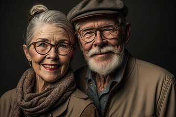 Portrait glückliches Senioren Ehepaar - Thema Ruhestand, Rente, alt werden oder Altersvorsorge. Generative AI Illustration - obrazy, fototapety, plakaty