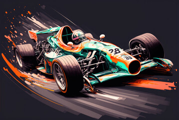 Fototapeta na wymiar A turquoise and orange race car going at high speed on a black background. Created with Generative AI.