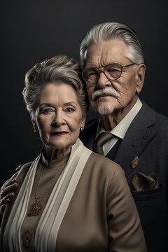 Portrait altes reiches Ehepaar, Mann und und Frau blicken ernst in die Kamera. Thema Rente oder Ruhestand. Generative AI Illustration