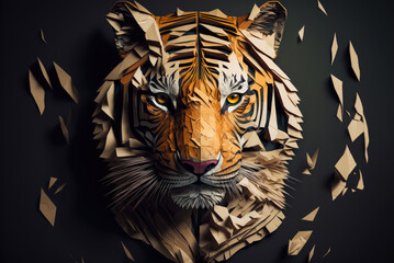 A origami portrait of a tiger on a black background. Created with Generative AI.