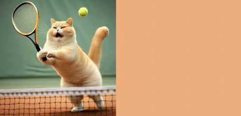 Cat plying tennis, cat in a tennis competition, british short hair fluffy chubby cat plays tennis. CXopy space. Generative Ai