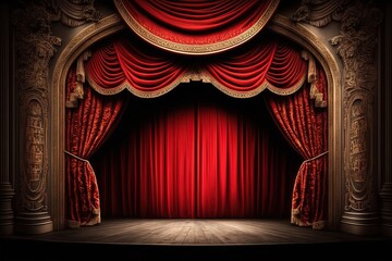 Red Curtains on Magic Theater Stage Spotlight Show - obrazy, fototapety, plakaty