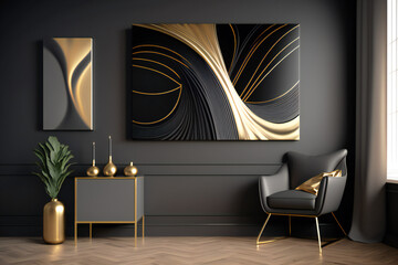 abstract deco in in black and gold design colors on the wall in a interior neural in minimalist style
