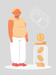 Pension, private savings for old age concept vector. An elderly man stands next to a large wallet with banknotes. Bank savings, deposit, credit for seniors.
