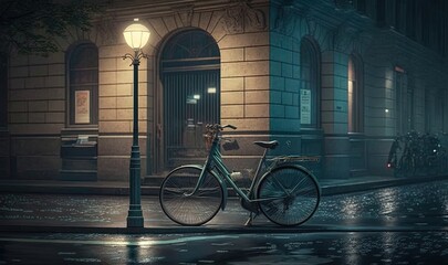  a bicycle parked on a street corner in the rain at night.  generative ai