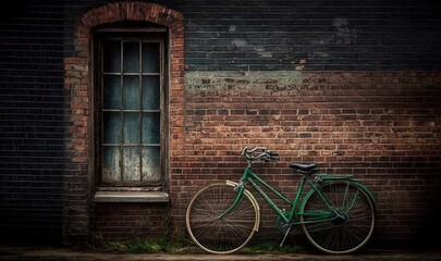 Fototapeta na wymiar a green bike parked next to a brick building with a window. generative ai