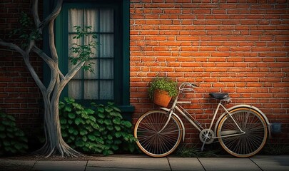  a bicycle parked next to a brick building with a tree.  generative ai