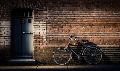 Fototapeta na wymiar a bike leaning against a brick wall on a street corner. generative ai