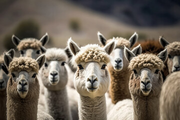 Fototapeta premium A herd of white alpacas looks into the camera on the background of the Andes. Close-up. Photorealistic illustration generated by AI.