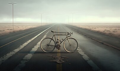  a bike is sitting on the side of a road in the middle of nowhere.  generative ai