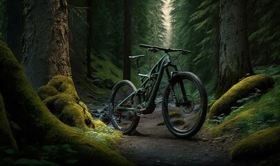 Naklejka na ściany i meble a bike parked in the middle of a forest with moss growing on the ground. generative ai