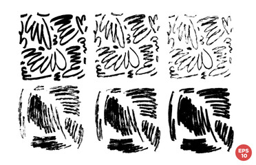 Marker drawn scribble square composition vector set. Childish drawing. Hand draws calligraphy swirls. Curly brush strokes, marker scrawls as graphic design elements set.