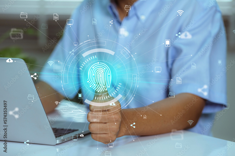 Aufkleber using fingerprint scanning, the businessman accesses and unlocks the cloud data network. cyber secur