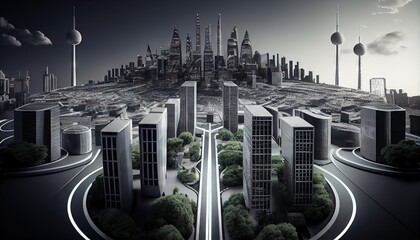 Smart city, techno mega city, iot. Background for tech titles , news headline. Green city. Generative AI	
