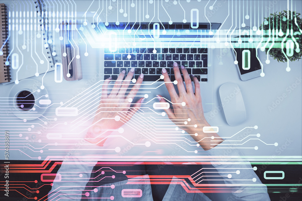 Poster Double exposure of woman hands working on computer and data theme hologram drawing. Top View. Technology concept.