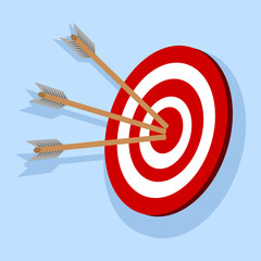 target achieved concept, Strategy or Business Vision, big target with arrow hitting the right target, teamwork. Motivation up, target achievement, successful contract team work. Flat vector design.