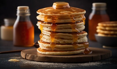  a stack of pancakes with syrup and honey on a cutting board.  generative ai