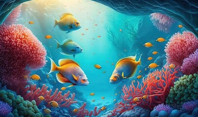 Fototapeta na wymiar a painting of a group of fish in a coral reef. generative ai