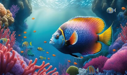 Naklejka na ściany i meble a painting of a colorful fish in the ocean with corals. generative ai