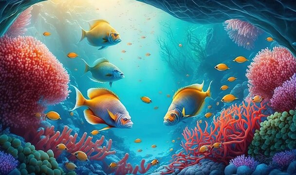  a painting of a group of fish in a coral reef.  generative ai