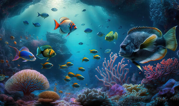  a painting of a sea life scene with fish and corals.  generative ai