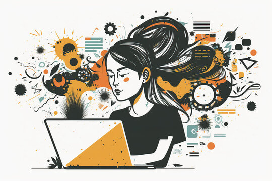 Illustration of young female startup founder siting in front of computer thinking and being inspired. sales and marketing strategy concept. Generative ai