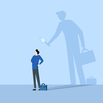 Self-assessment concept or self-analysis process to know oneself, find plan or goals in life or work and career concept, businessman with shadow using magnifying glass to analyze himself.