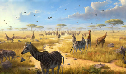 Naklejka premium a painting of a herd of zebras and giraffes. generative ai