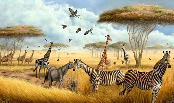  a painting of zebras and giraffes in a field.  generative ai