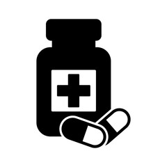 Medicine bottle and pills icon. Black and white icon. Vector illustration.