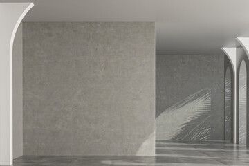 3D rendering of empty home interior with concrete floor and wall, white wall, arches. Mock up. 3D Rendering